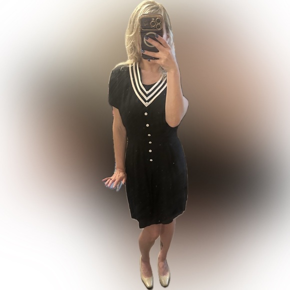 Vintage 90s Black & White Nautical Inspired Dress Medium (6/8) - Picture 7 of 8